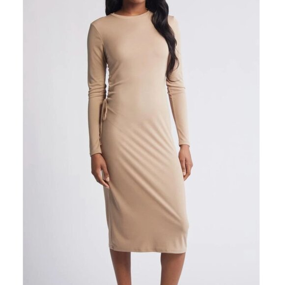 Vero Moda Phine Long Sleeve Rib Jersey Dress Light Brown Comfort Casual Travel - Picture 1 of 10
